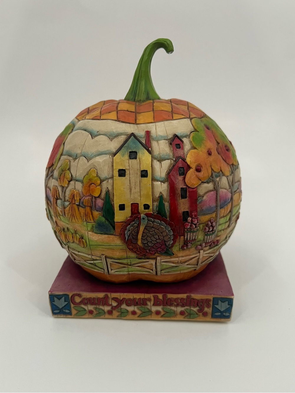 Jim Shore Count Your Blessings Multicolor Harvest Pumpkin with Village & Turkey